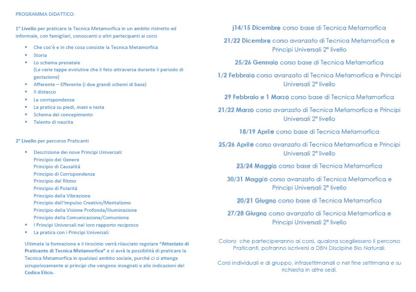 CALENDARIO CORSI TECNICA METAMORFICA E PRINCIPI UNIVERSALI 2019/2020